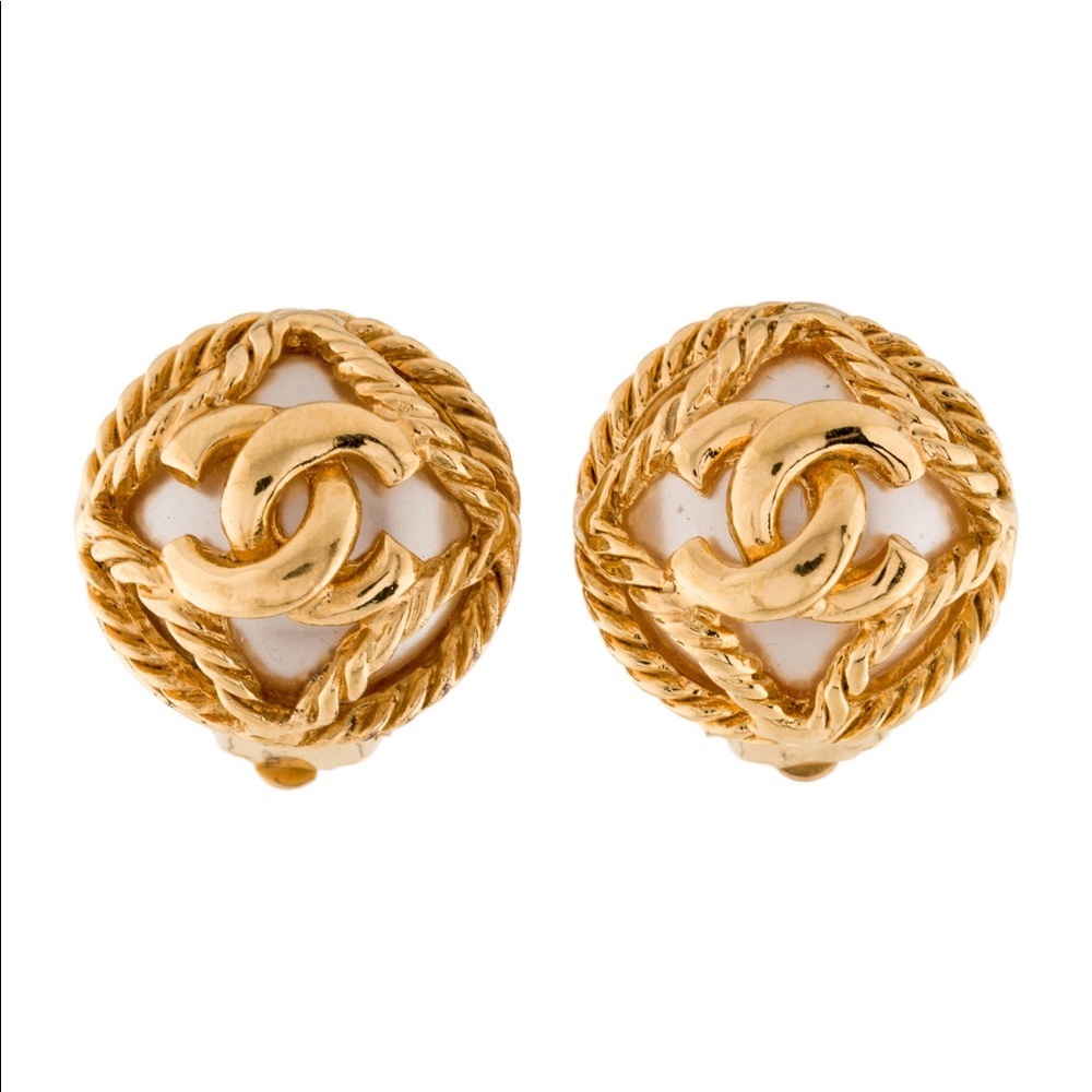Chanel Vintage Faux Pearl CC Earrings